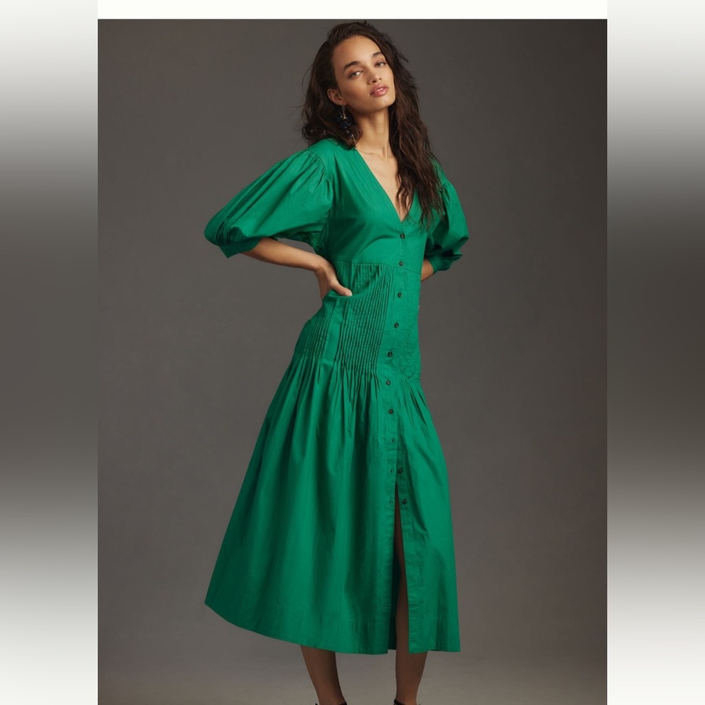 Maeve Pintuck Tie-Sleeve Midi Dress